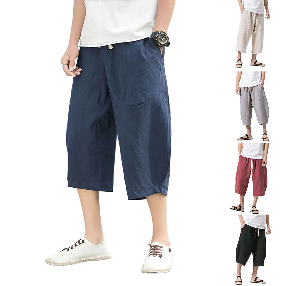 Hommes ample mince coton lin pantalon décontracté mollet longueur pantalons de survêtement vêtements pour hommes mode couleur unie sarouel