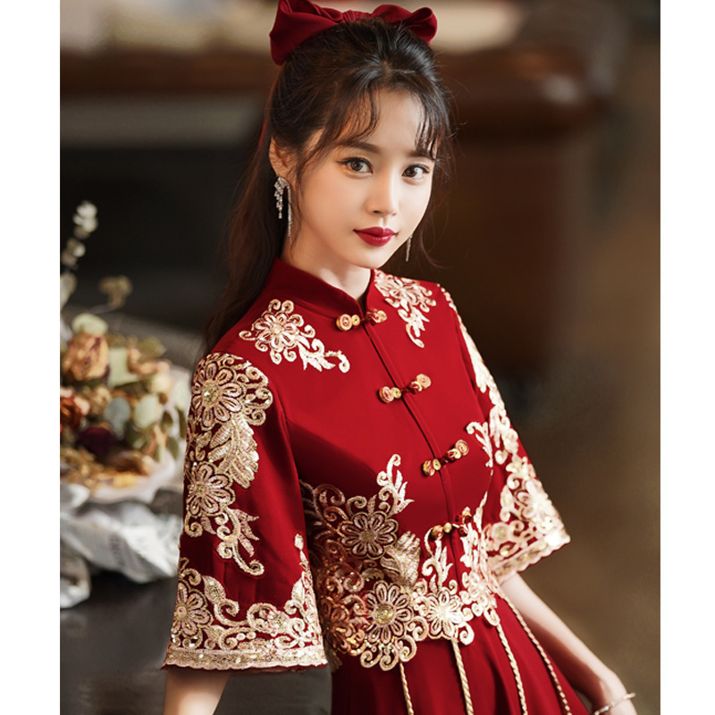 Robe Qipao longue en Satin pour femmes, bordeaux, Cheongsam, Style chinois, élégante, Sexy, Slim, XS-XXXL