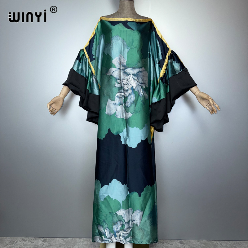 WINYI Robe de soirée d'été à manches bouffantes, Abaya de luxe de Dubaï, Kaftan ample imprimé pour femme, Vêtement musulman, Robe de plage
