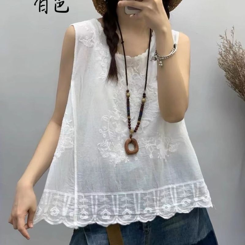 Vêtements Vintage en Dentelle Brodée pour Femme, Coton Solide, Précieux, Décontracté, Col Rond, Fin, Glace de Plage, Été, 2024