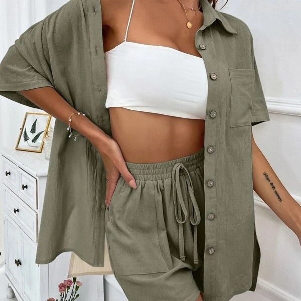 Mode femmes chemise + Short deux pièces ensemble couleur unie chemise costume 2025 nouveau décontracté ample à manches courtes simple boutonnage femmes ensemble