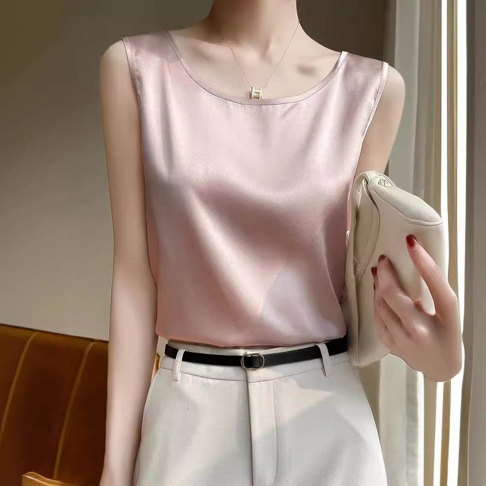 2025 col rond acétate Satin haut femmes soie débardeur femme Satin sans manches chemise bas soie hauts Luxry hauts