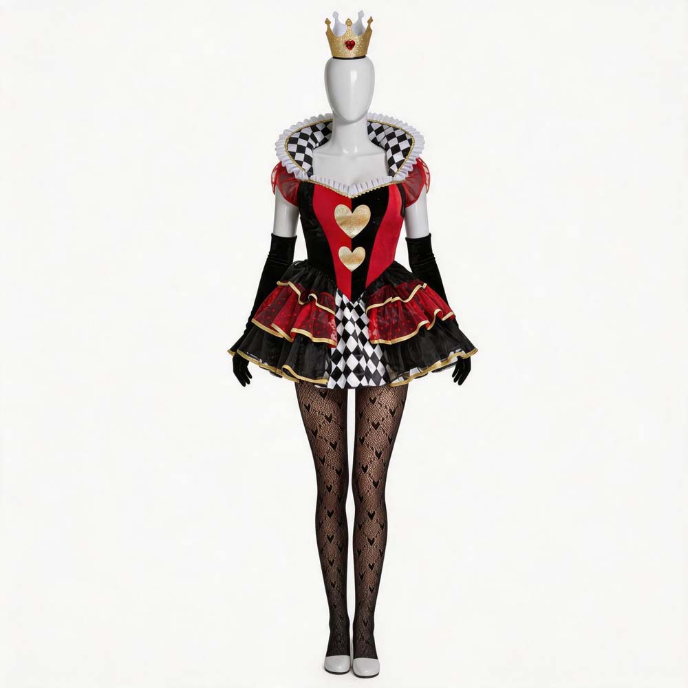 Costume d'Halloween pour femmes, Reine du Cœur, robe tutu à volants rouge, noir et or avec longs gants, tenue de fête cosplay à motif damier de poker.