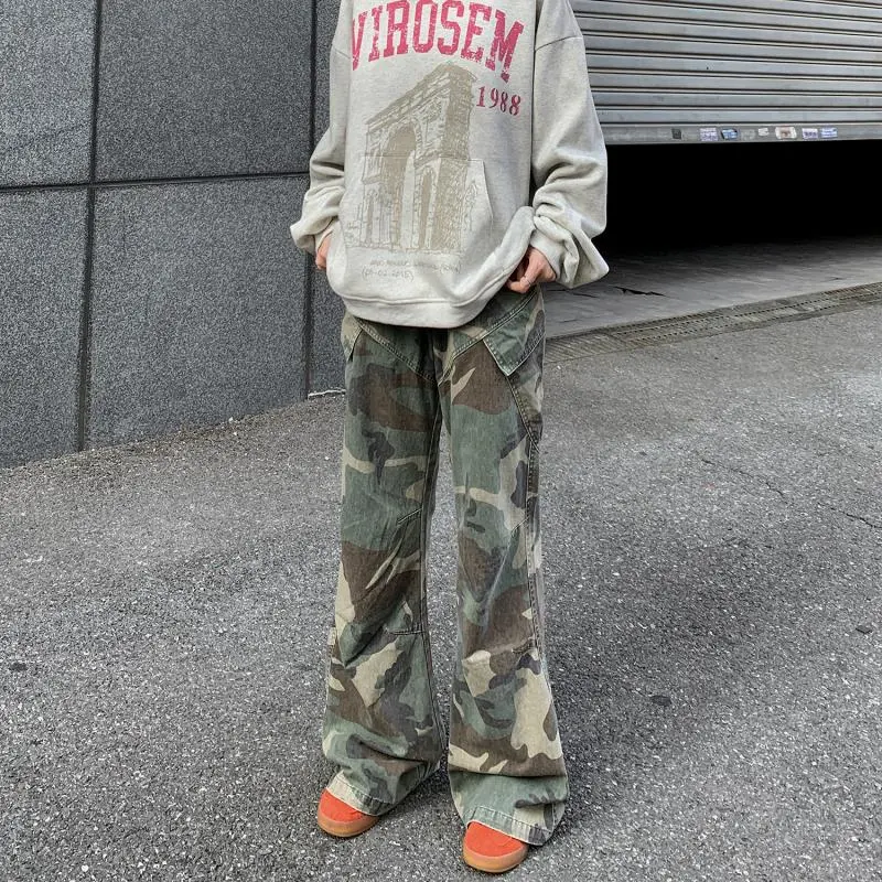 Pantalon cargo ample camouflage coupe bootcut pour homme – Style streetwear décontracté printemps-automne – Tendance rétro américaine