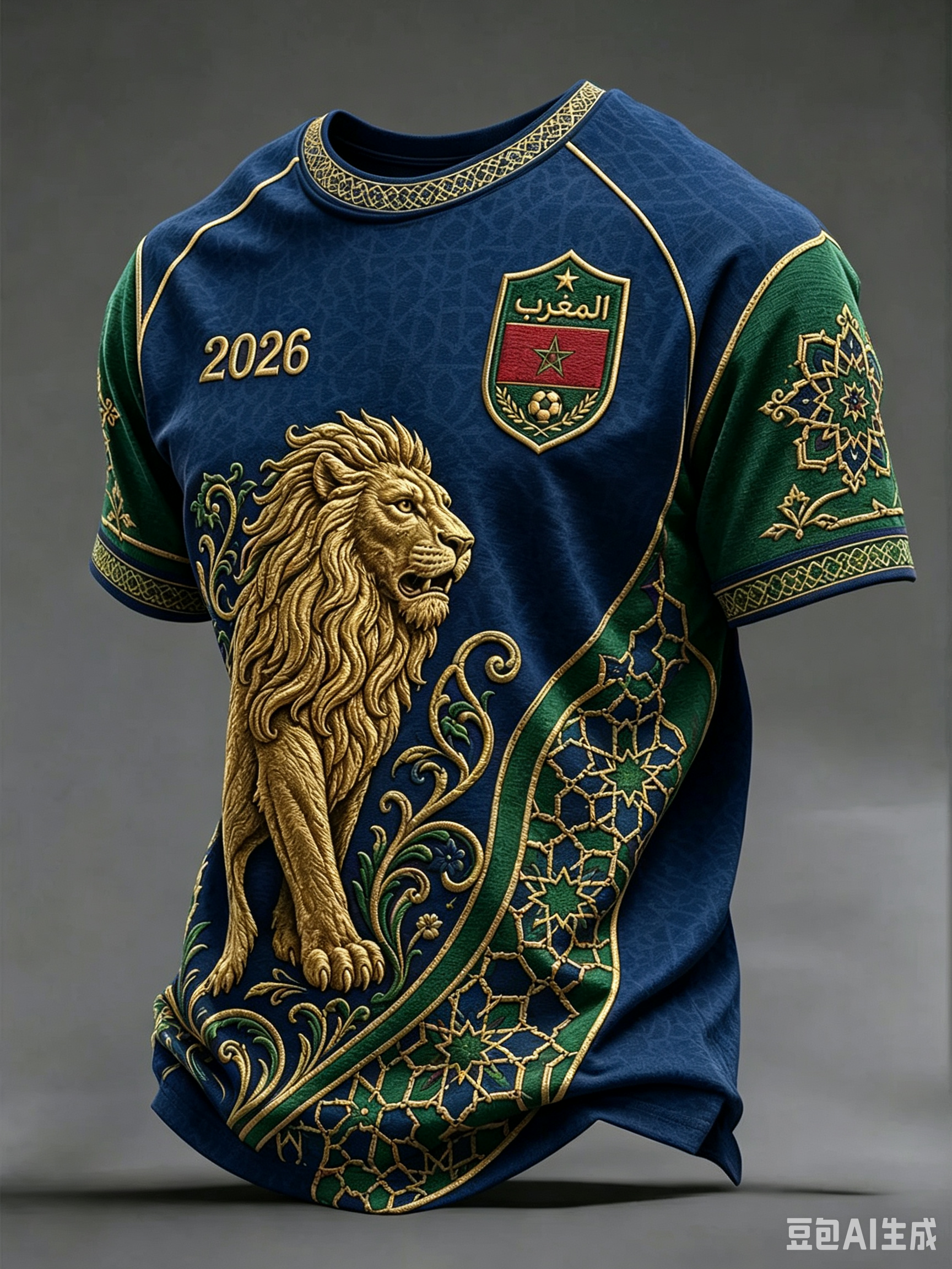 Maillot de football Maroc 2026 avec emblème Lion, broderie mosaïque marocaine complexe, écusson, coloris rouge-vert, garniture ornée, respirant