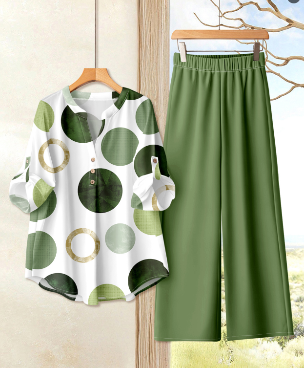 Ensemble pantalon imprimé décontracté pour femmes, t-shirt à manches mi-longues, boutons amples, jambes larges, ensemble deux pièces, vêtements de transport pour dames