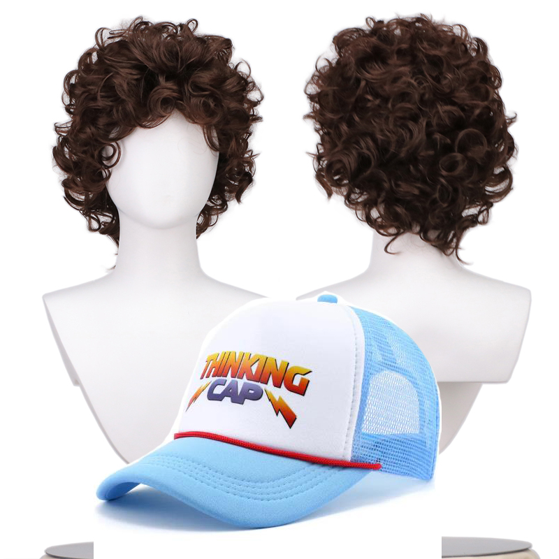 Perruque synthétique bouclée volumineuse marron foncé pour cosplay de personnage de série TV Dustin, idéale pour les conventions d'anime et les spectacles sur scène