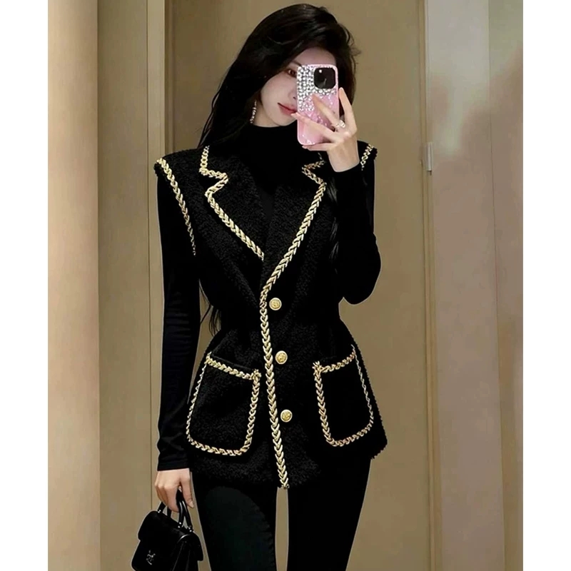 Gilet Blazer Sans Manches en Tweed pour Femme Y2K 2026 Nouveau Modèle Croisé Slim Chic pour le Bureau Gilet de Luxe Streetwear Printemps Commuting