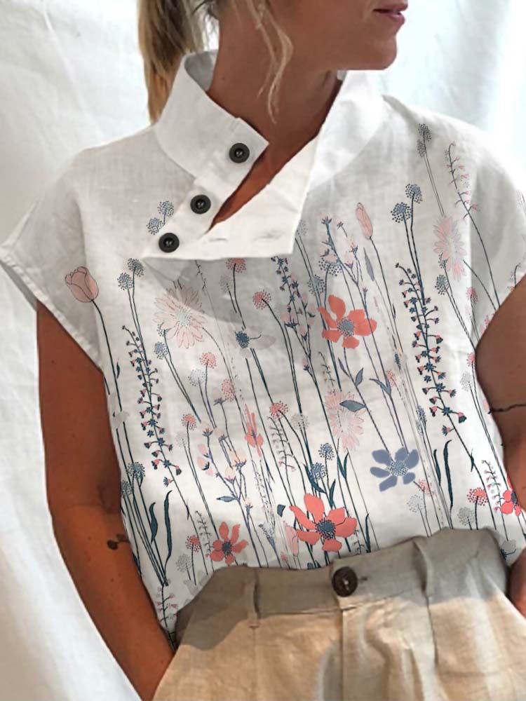 Été Chic Blouse haut pour femme mode imprimé fleuri à manches courtes chemise femme boutons décontractés col montant haut ample Blusas