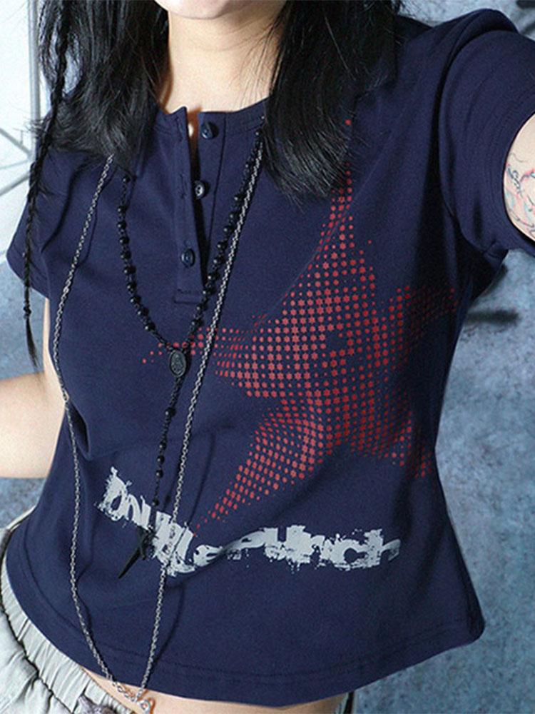 Haut court à manches courtes et col rond pour femmes, T-shirt graphique, Streetwear à motif d'étoiles, Style japonais, Y2K, Harajuku
