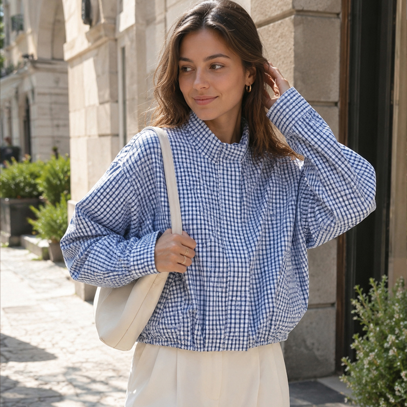 Veste Courte Femme à Col Montant Zippée, Motif Vichy Noir et Blanc, Nouvelle Collection 2026, Décontractée, Manches Longues, Coupe Ample