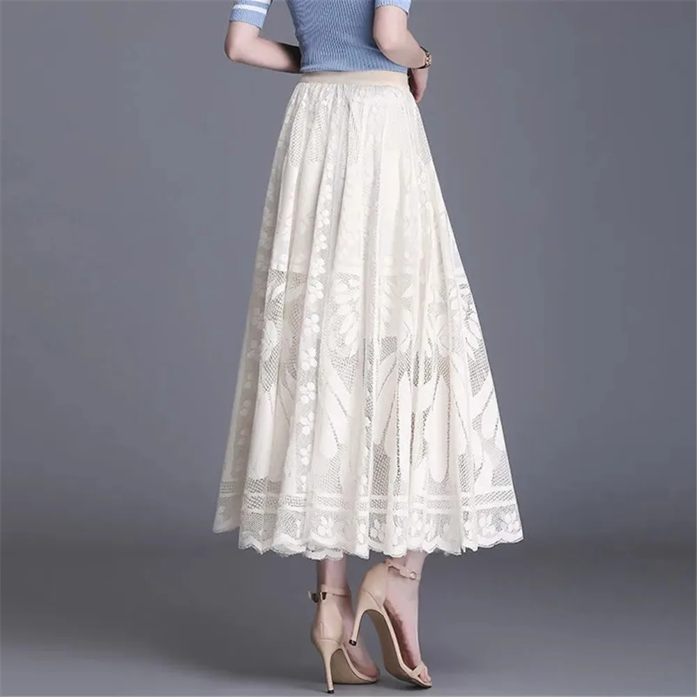 Jupe longue en dentelle taille haute pour femmes, nouvelle jupe noire A-Word, robe de bureau élégante pour dames, grande balançoire, gaze, jupe plissée creuse Streetwear