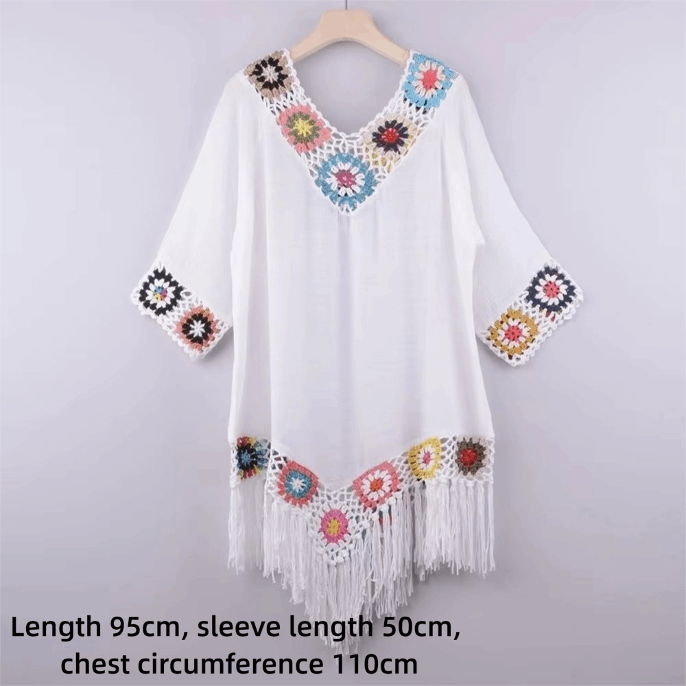 Robe de plage décontractée pour femme, style cache-maillot de bain, à franges, design ajouré, col en V, motif crochet