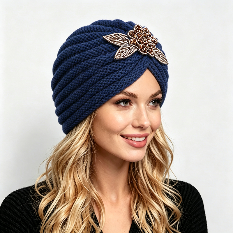 Bonnet Turban Tricoté avec Broderie Florale et Perles, Bandeau Torsadé, Bonnet Hijab Musulman d'Hiver, Bonnet Chimio, Accessoires pour Cheveux Femme