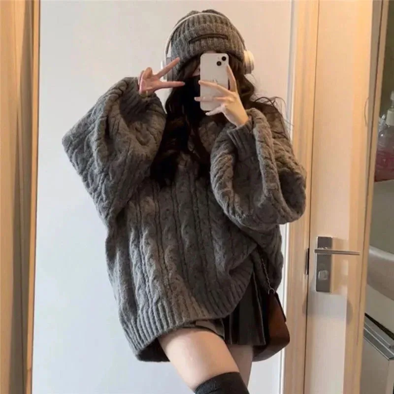 Fanan hiver femmes pull Harajuku surdimensionné tricoté pulls coréen à manches longues col en V tricots Preppy solide pull ample