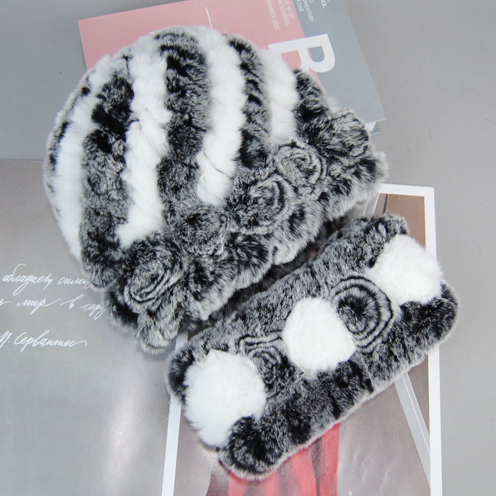 Chapeau et écharpe en fourrure de lapin Rex véritable pour femme, ensembles de silencieux, bonnet en fourrure pour fille, tricot naturel, haute qualité, dame, mode, hiver, 100%