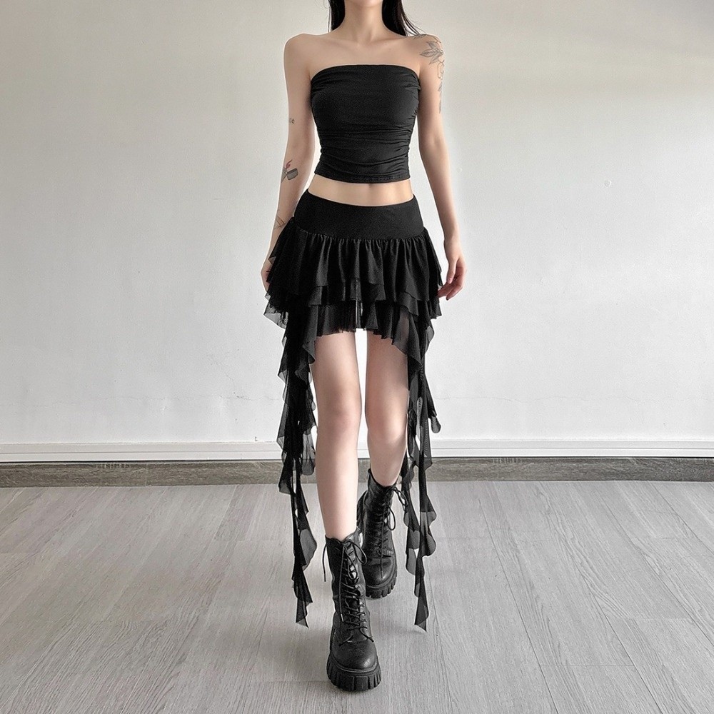 Jupe-short décontractée taille haute pour femme, à volants superposés, ourlet asymétrique, mini-jupe fluide style gothique, idéale pour l'été