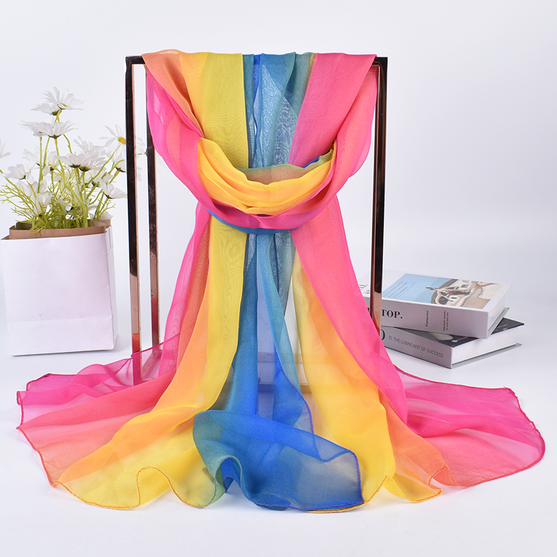 Écharpe longue en soie dégradée trois couleurs, 75x180 Georgette, nouvelle collection printemps/été 2023