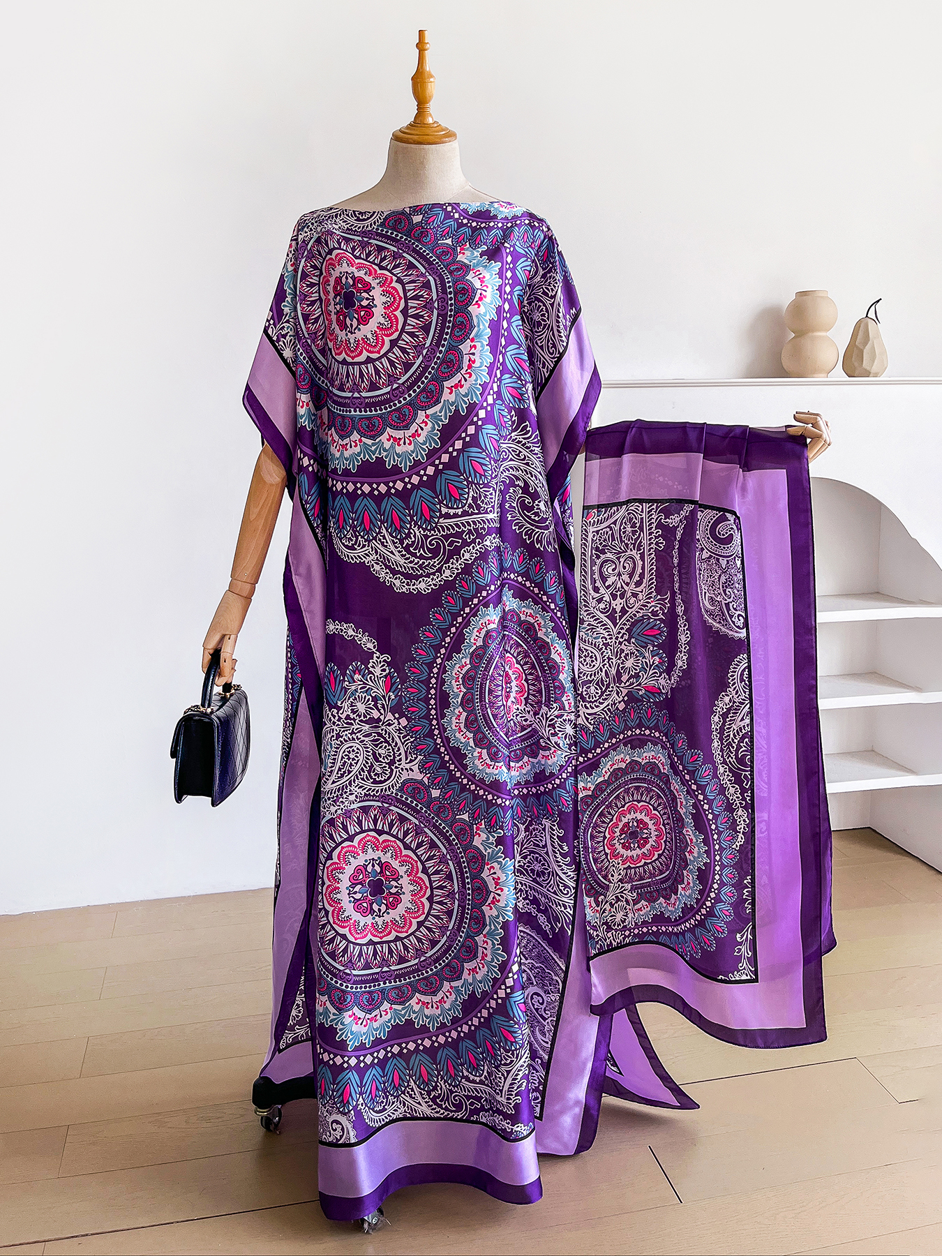 Abaya Dubai à imprimé mandala paisley avec foulard assorti, col bateau, manches chauve-souris, kaftan maxi ample pour femmes musulmanes africaines