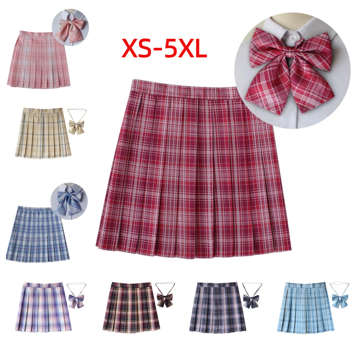 Jupe plissée à carreaux pour femmes, avec cravate, nœud papillon, Harajuku Preppy, Mini uniformes scolaires japonais, Jupe d'été Kawaii, XS-5XL