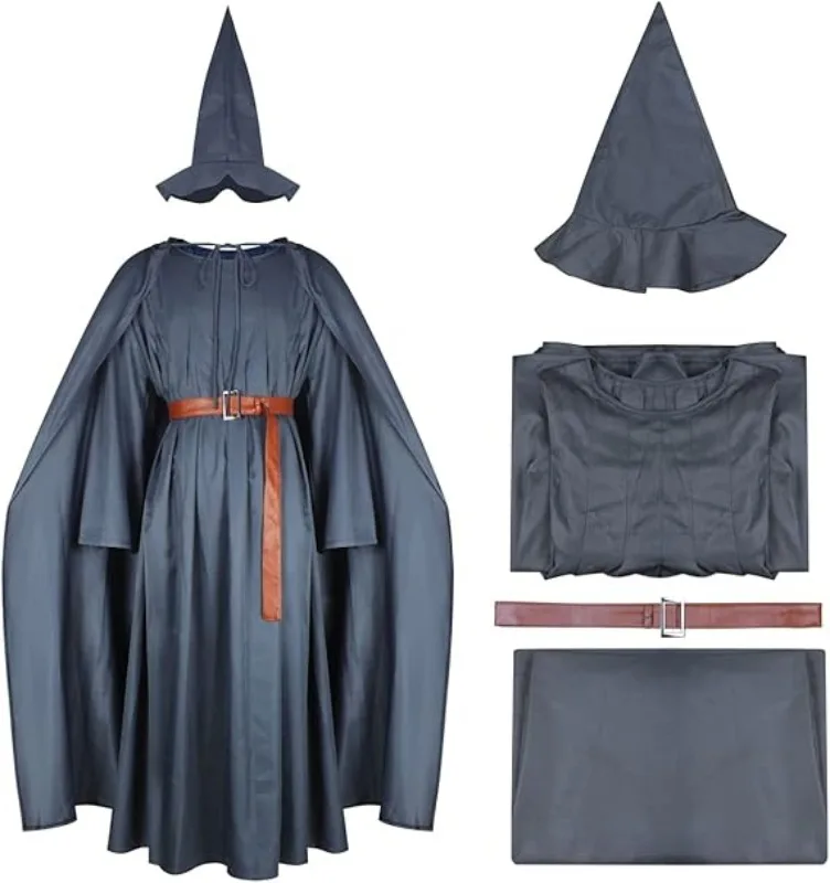 Costume de magicien Hobbit Gandalf, tunique païenne, cape de magicien, Robe grise, chapeau, ensemble complet de tenues pour adultes