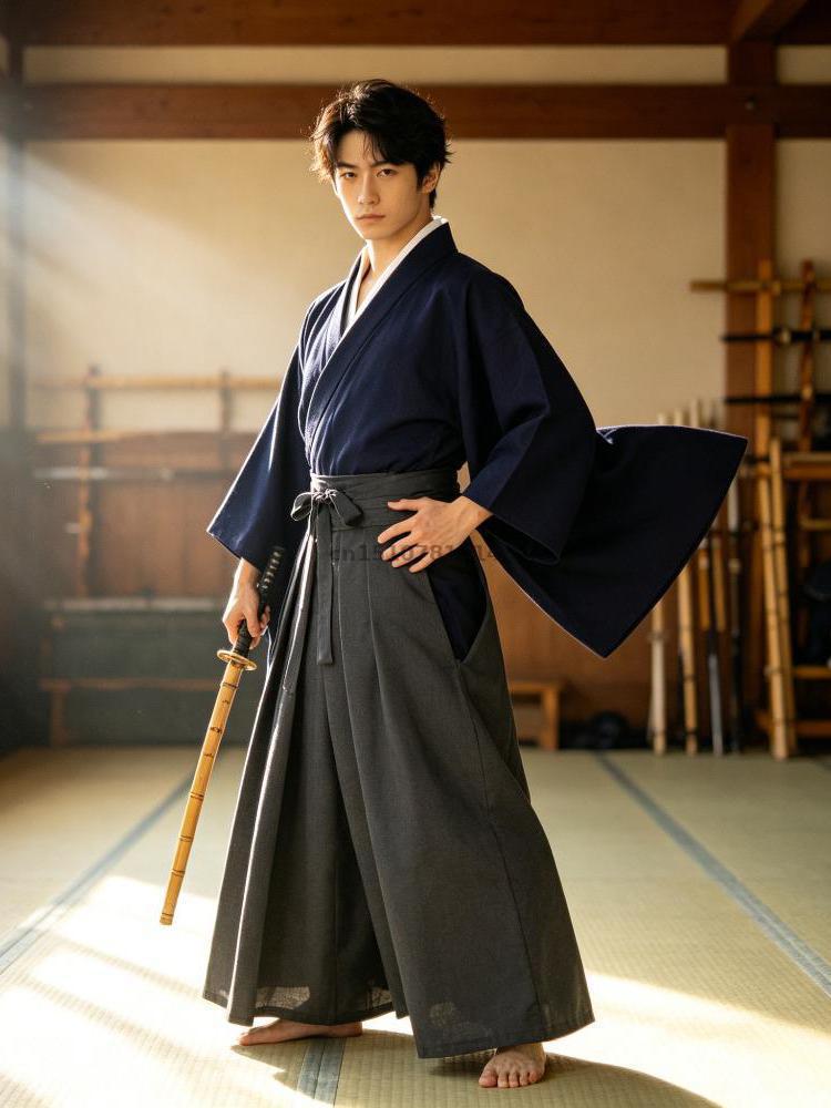Ensemble kimono japonais pour homme, hakama, samouraï, kendo, col croisé, manches larges, bleu marine, rouge vin, gris, cosplay traditionnel, Halloween, coton