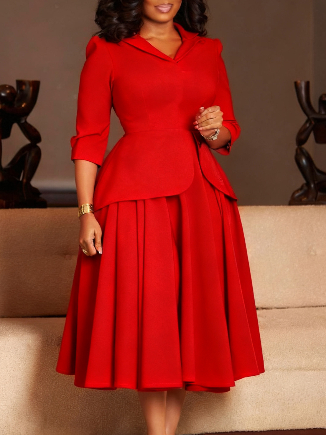 Robe grande taille pour femmes, mode automne printemps, manches trois-quarts, col de costume, couleur unie, avec grande jupe ourlet