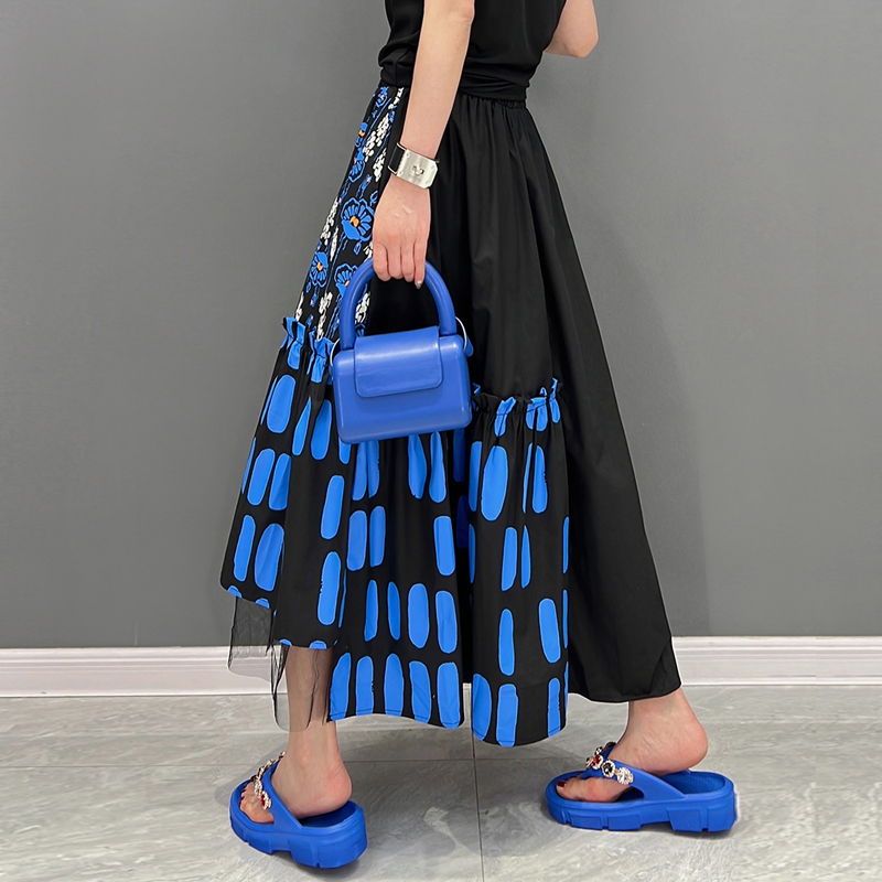Jupe en maille imprimée bleue pour femmes, style coréen, tenue décontractée chic, taille élastique, filles, nouveau, JJSK121