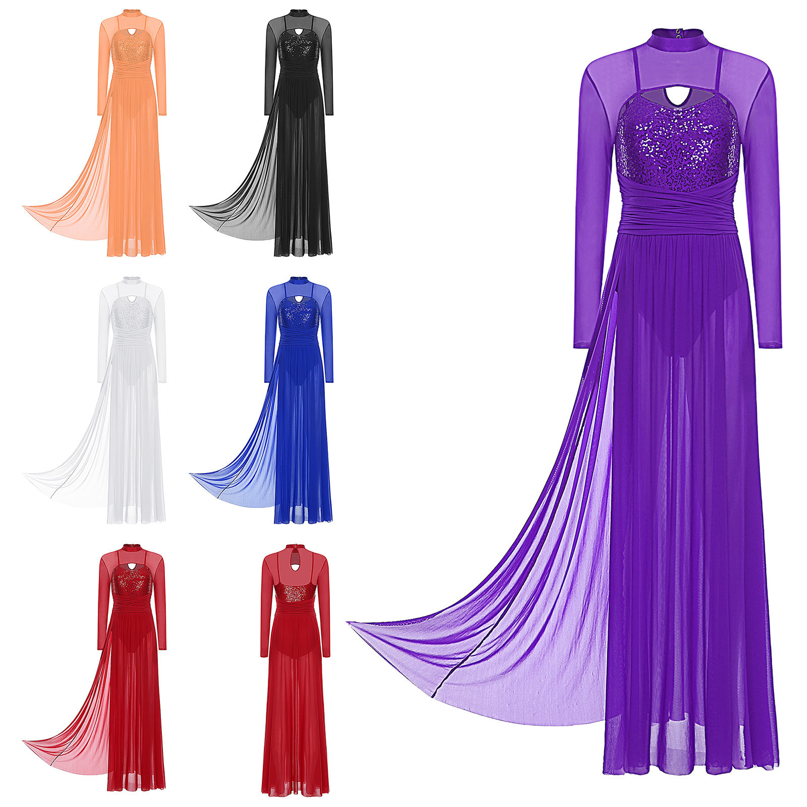 Robe de danse lyrique moderne pour femmes, paillettes, manches longues, maille, Tulle, Maxi, longue, Ballet, gymnastique, Costume de danse contemporaine
