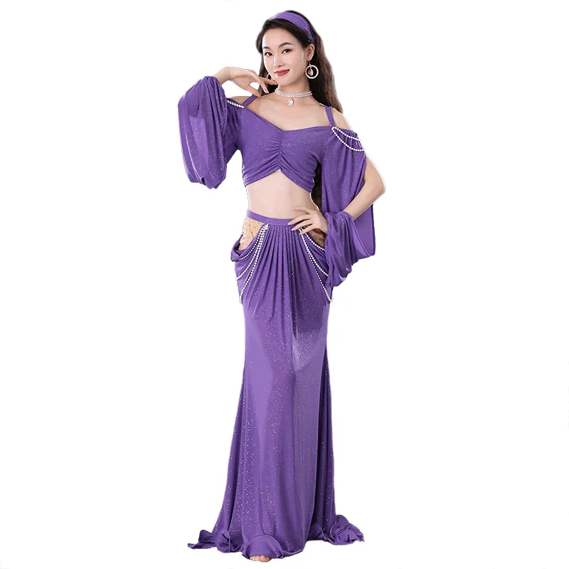 Costume de danse du ventre sexy pour femme, manches longues, haut et jupe, entraînement, trempée, performance, ensemble financièrement, surintendant de danse, tenue PE, 2 pièces