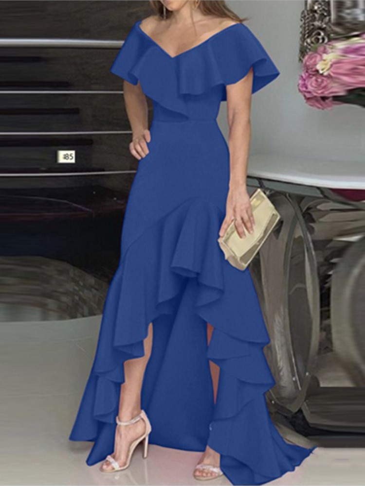Robe longue de soirée élégante pour femmes, mode élégante, col en V, Slim, portefeuille aux hanches, couleur unie, manches à volants, été, 2025