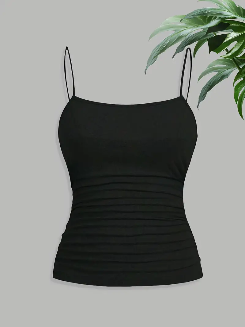 Débardeur Cami Élégant pour Femme à Bretelles Fines et Froncé, Coupe Ajustée, Sans Manches, Extensible et Doux, Style Basique, Mode Estivale, Noir