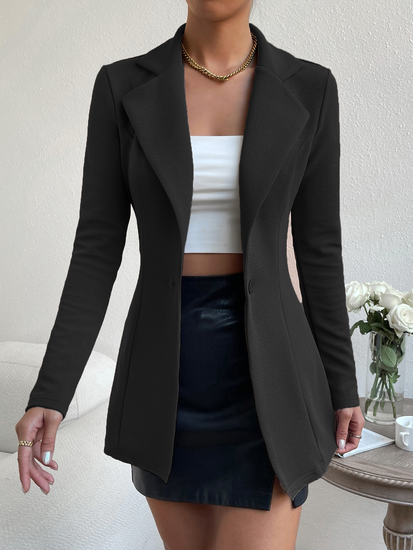 Blazer long et élégant pour femme grande taille, coupe ajustée, couleur unie, manches longues