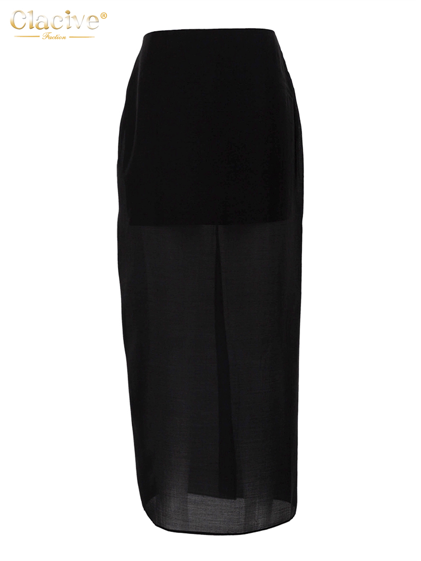 Clacive mode ample noir femmes jupe décontracté taille haute cheville longueur jupes élégant classique maille épissé jupe femme vêtements