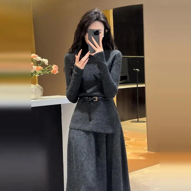 Ensembles de jupes à col haut pour femmes, pull à manches longues paresseux, jupes longues, olympiques chics design, vêtements de bureau pour femmes, 2 pièces