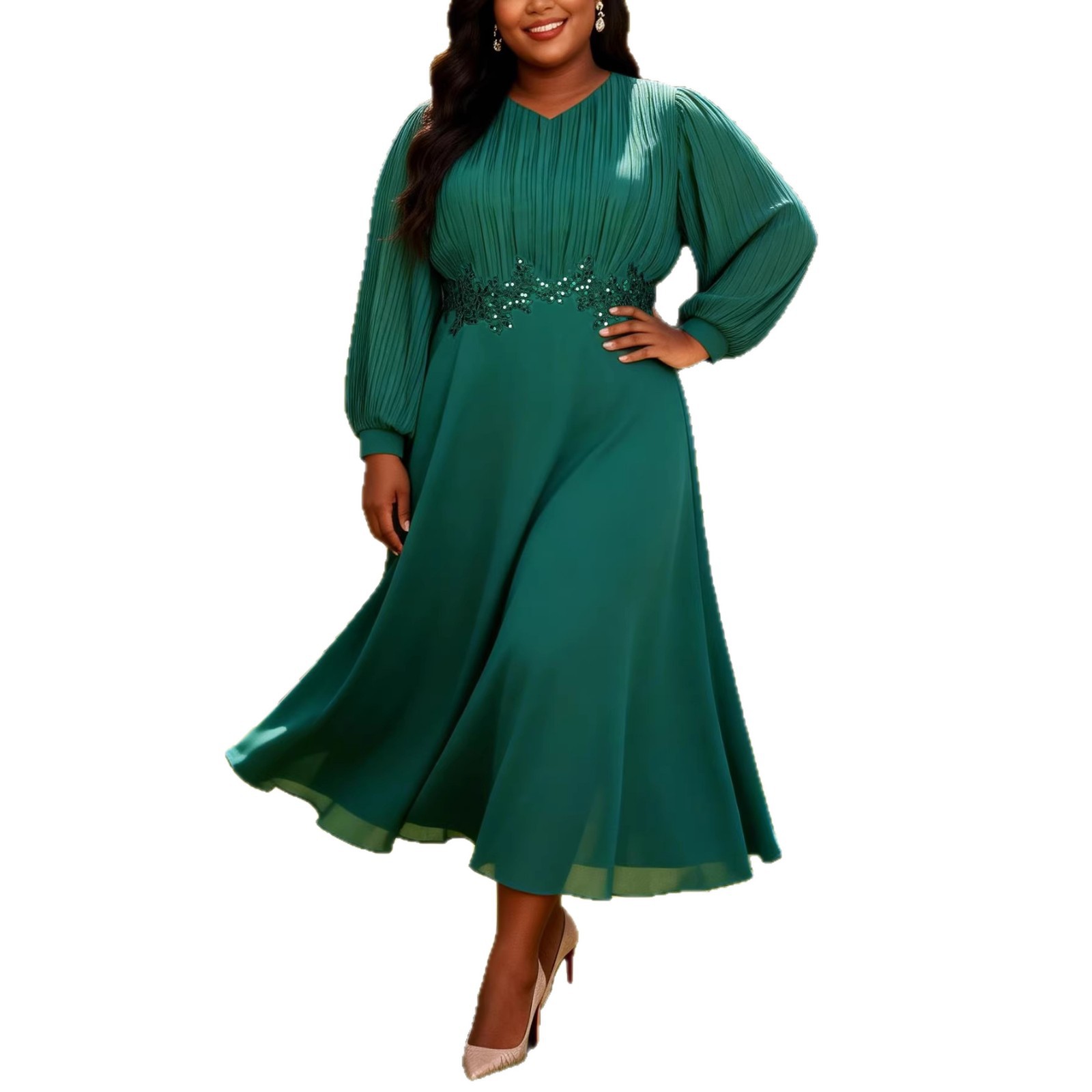Robe plissée élégante en mousseline pour femme africaine, col en V, manches bouffantes, appliques florales, taille ajustée, pour mariages, fêtes, événements religieux