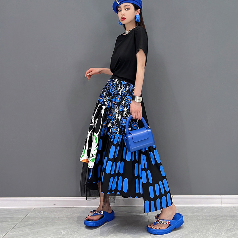 Jupe en maille imprimée bleue pour femmes, style coréen, tenue décontractée chic, taille élastique, filles, nouveau, JJSK121