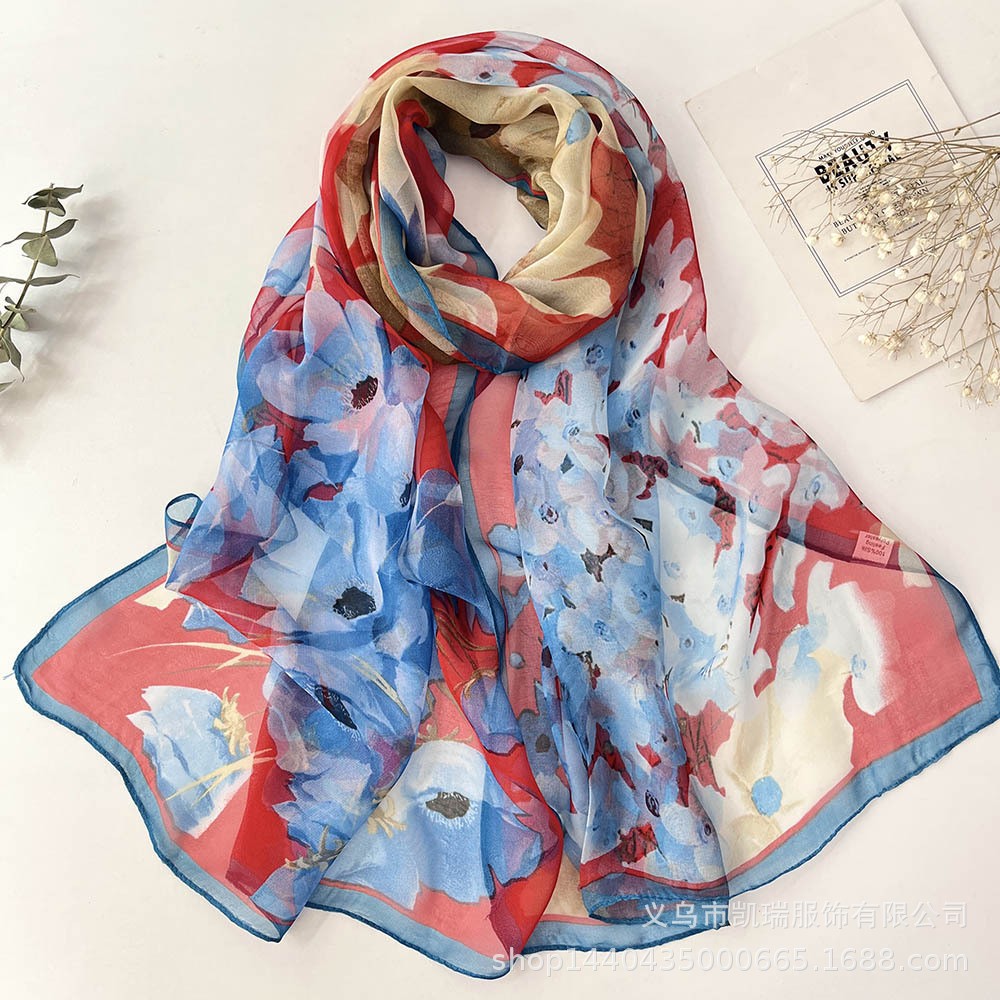 Écharpe en mousseline de soie florale pour femme – Georgette soyeuse 160x50cm, enveloppement de plage d'été léger et hijab de protection solaire