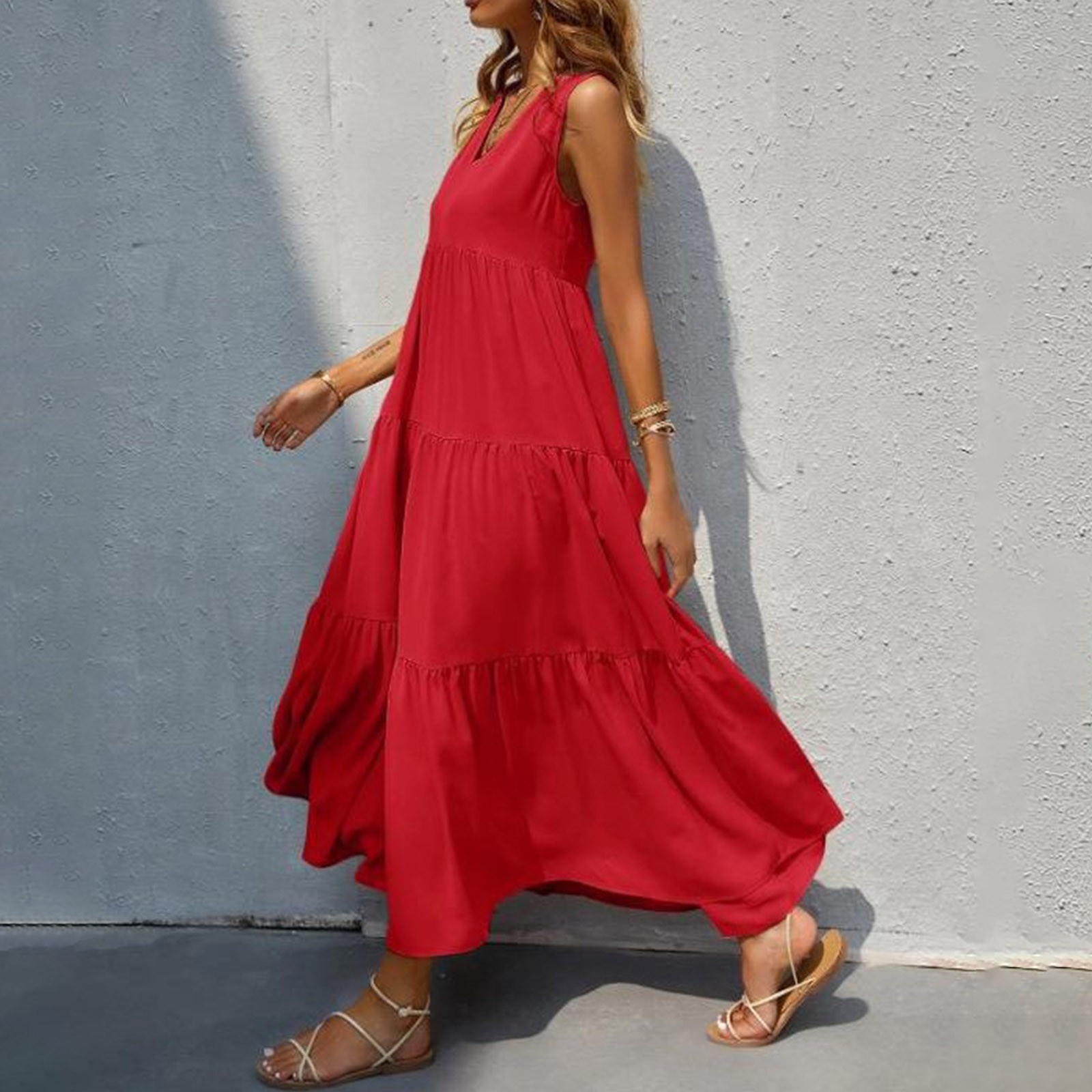 Robe longue décontractée à col en V pour femmes, superposition florale, grande taille, robe de plage, robe éducative, été