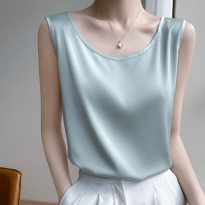 Été soie Camis femmes t-shirts sans manches gilet Satin débardeurs bureau élégant mode O cou Champagne BlouseTop femmes