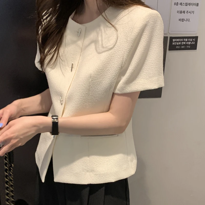 Manteau élégant de Style français pour femmes, Vintage, haut de gamme, col rond, assorti avec tout, amincissant, manches courtes, été