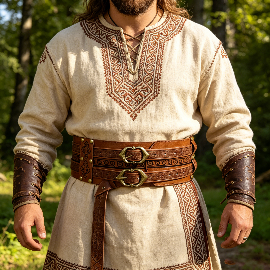 Ceinture large en cuir gaufré style Viking, avec double boucle médiévale pour LARP et Cosplay