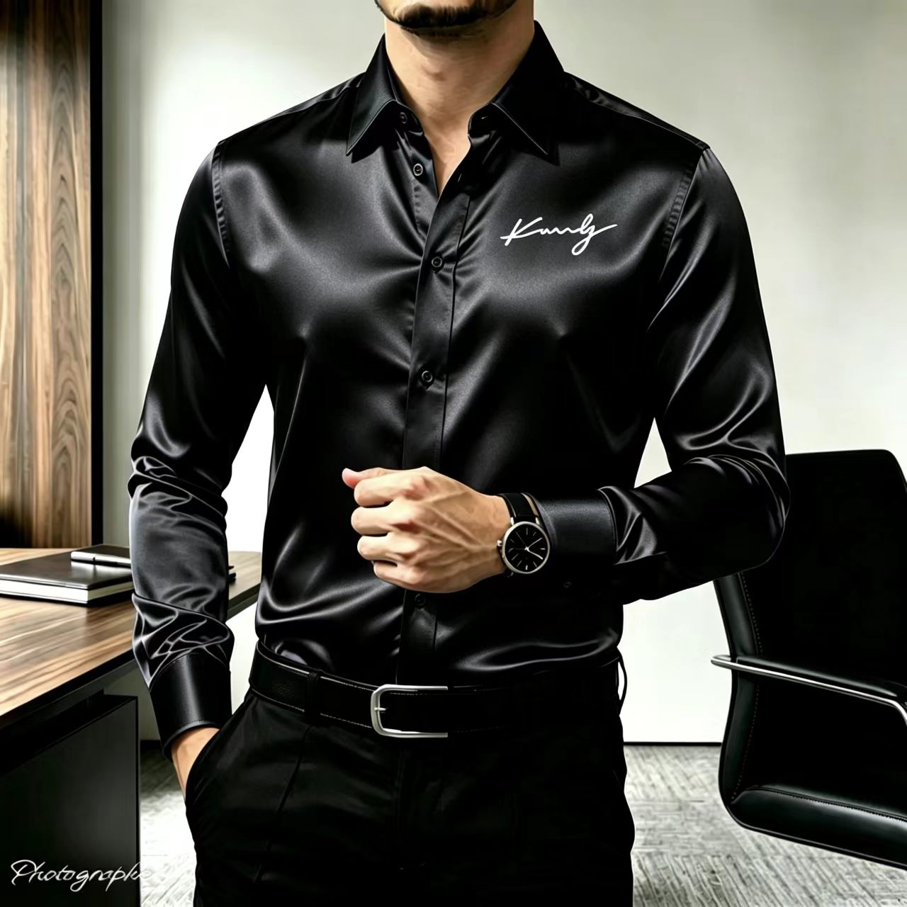 Chemise habillée homme en satin de soie à manches longues, imprimé lettres, coupe ajustée, boutonnée, pour affaires, décontractée, soirée, mariage, formelle