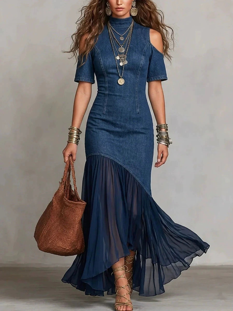 Robe longue élégante en jean pour femme, à manches courtes, col montant, avec empiècements en mousseline plissée, épaules dénudées, style vintage décontracté et coupe ajustée