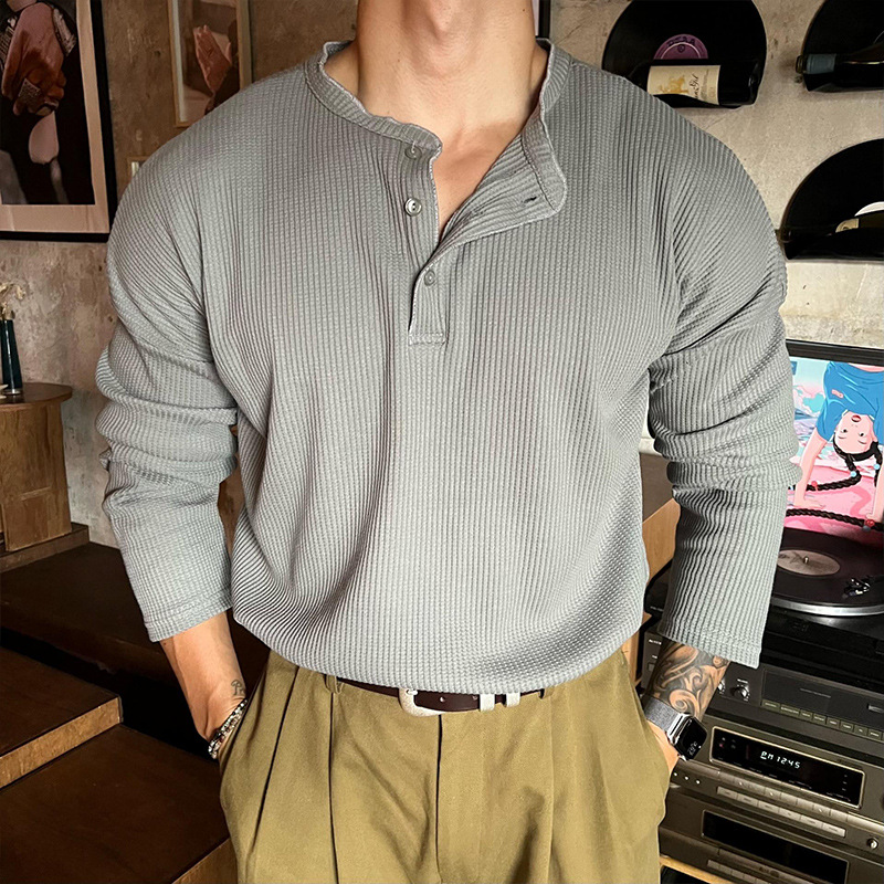 Coréen col Henry T-shirt mode hommes de luxe couleur unie à manches longues hauts loisirs léger affaires automne décontracté chemise de base M-3XL