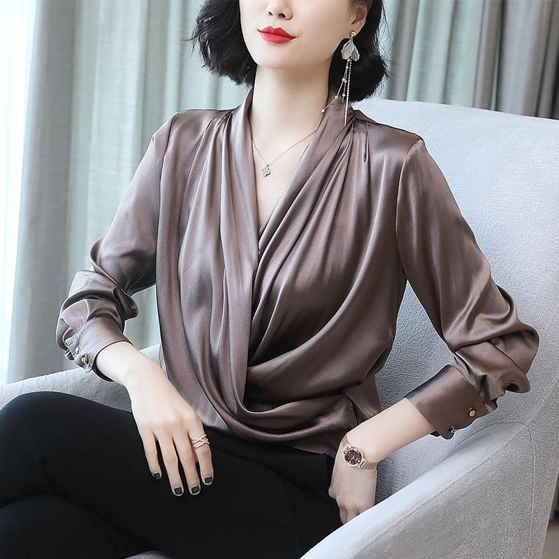 Chemise Mulberry InjStyle polyvalente et élégante, col en V croisé, manches longues, haut simulé, début d'automne, nouveau, 2025