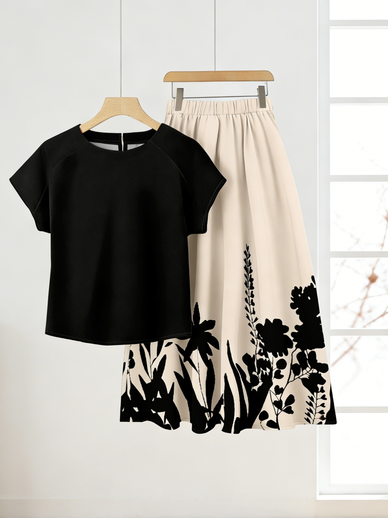 Ensemble deux pièces d'été pour femme grande taille, haut noir simple et ample tendance, et jupe mi-longue imprimée végétale, ensemble jupe évasée