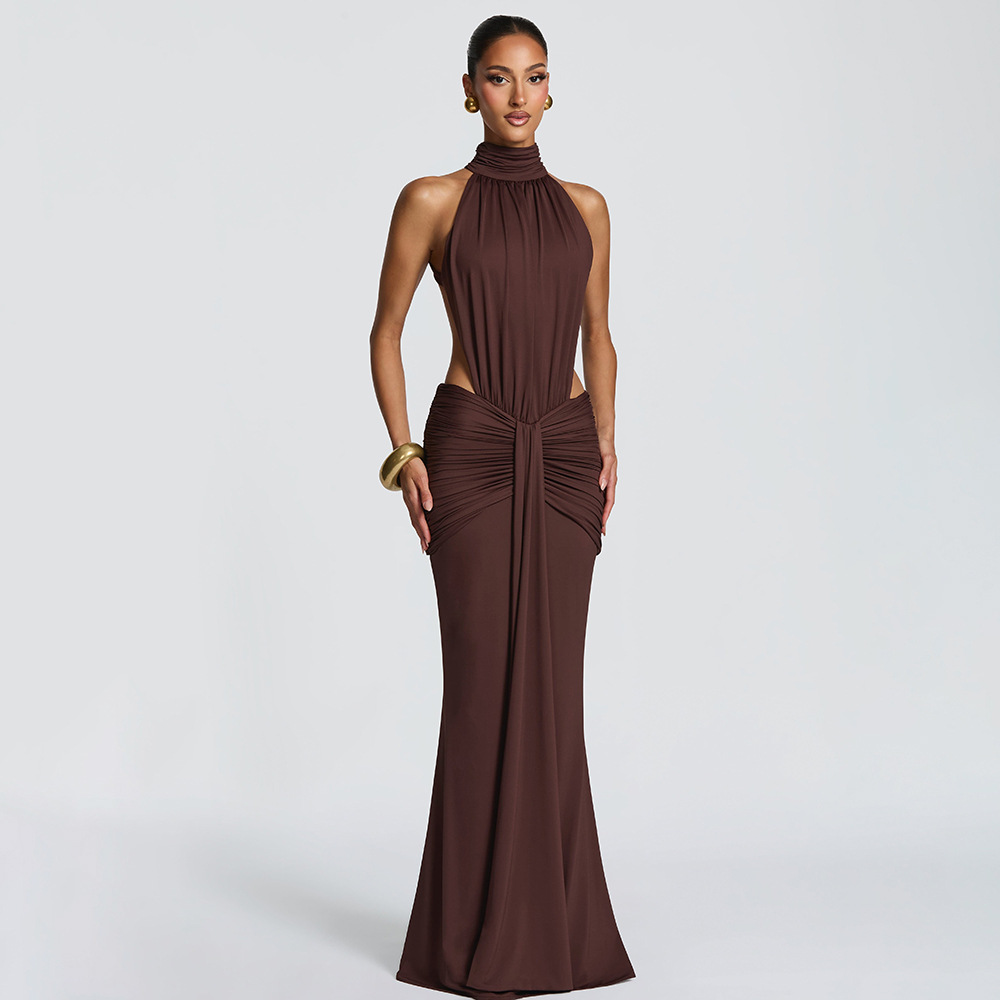 Robe longue élégante marron moulante et sexy pour femme, col roulé de luxe, dos nu, noire, pour soirée, robe moulante d'été