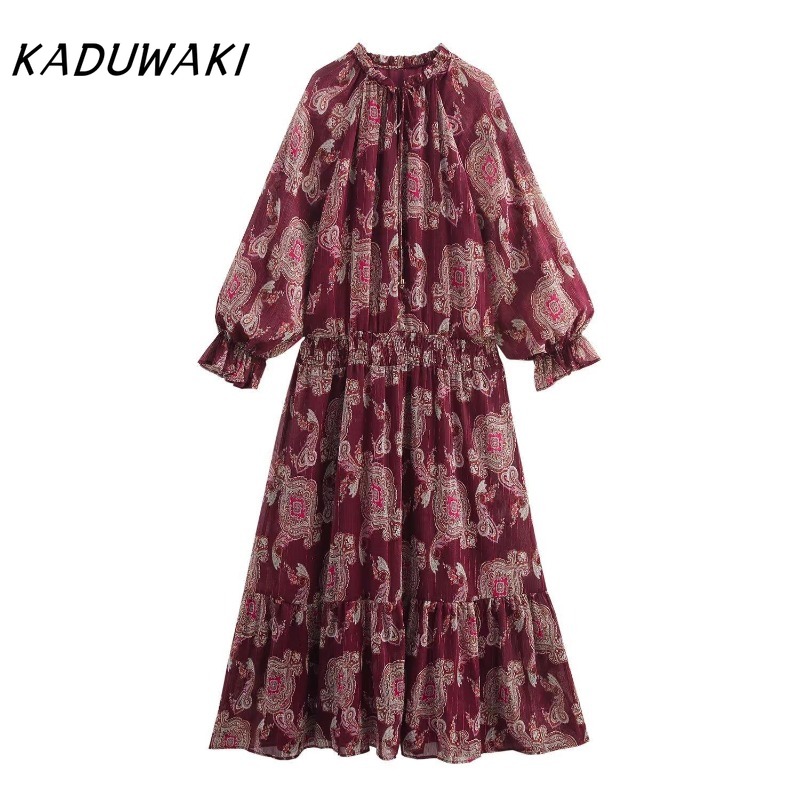KADUWAKI femmes Robe longue mode vacances Style lanterne manches à lacets cou robes mi-longues bohème été imprimé Robe moulante