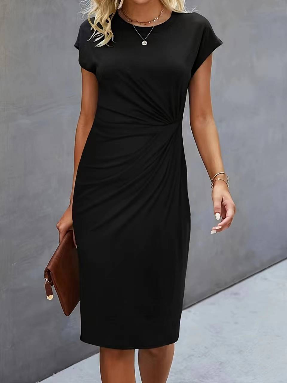 Robe moulante décontractée à col rond pour femmes, robe mi-longue, nœud avant, mode basique, tenue quotidienne